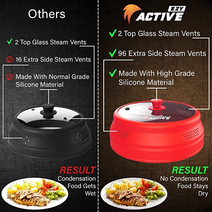Ezy Active Collapsible Microwave Cover for Food - Silicone and Glass Splatter Guard Lid for 6-12 inch Plates & Bowls, Dishwasher Safe, Heat Resistant, BPA-Free, (Red). - Image 4